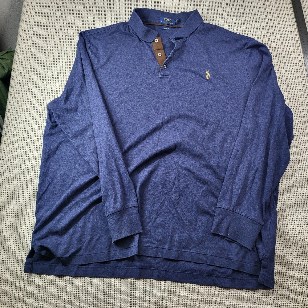 Polo Ralph‎ Lauren Polo Shirt Mens 2XL Blue Solid Classic Fit Long Sleeve Casual